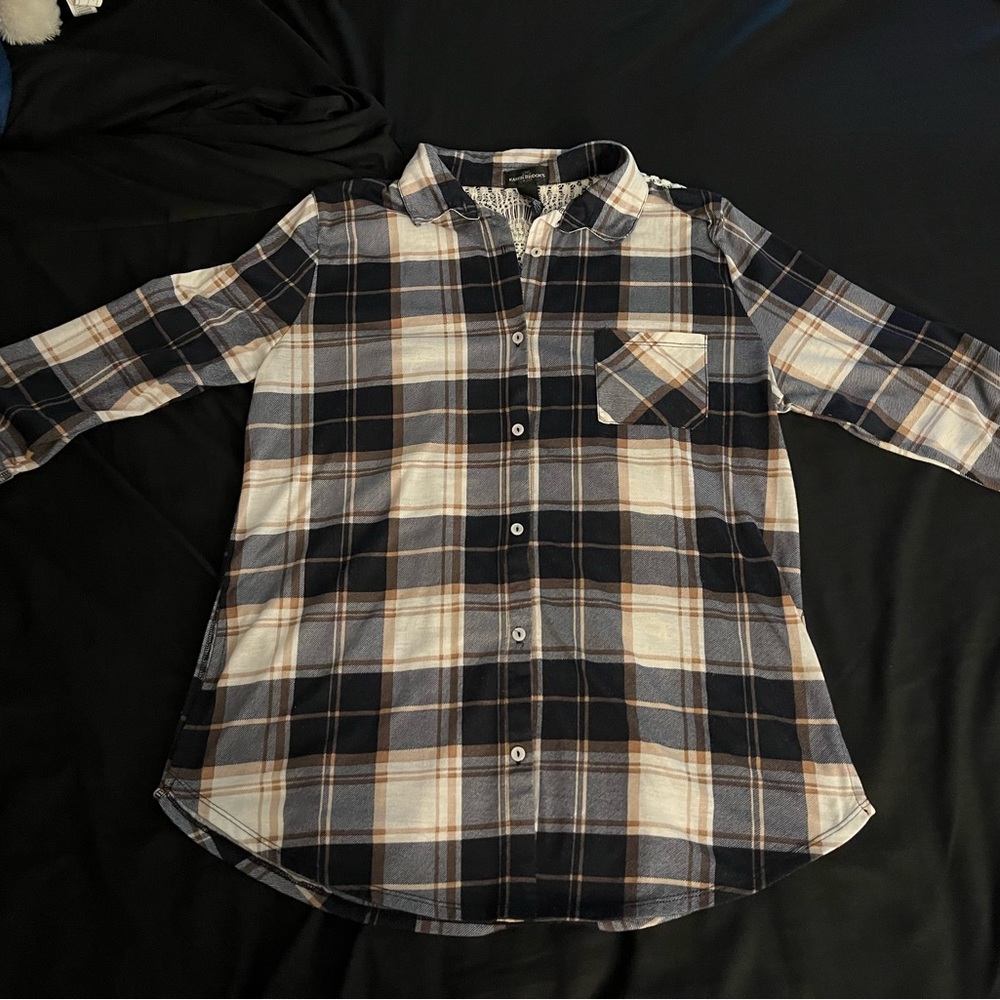Women’s Karen Brooks button down plaid 3/4 sleeves top with crochet back